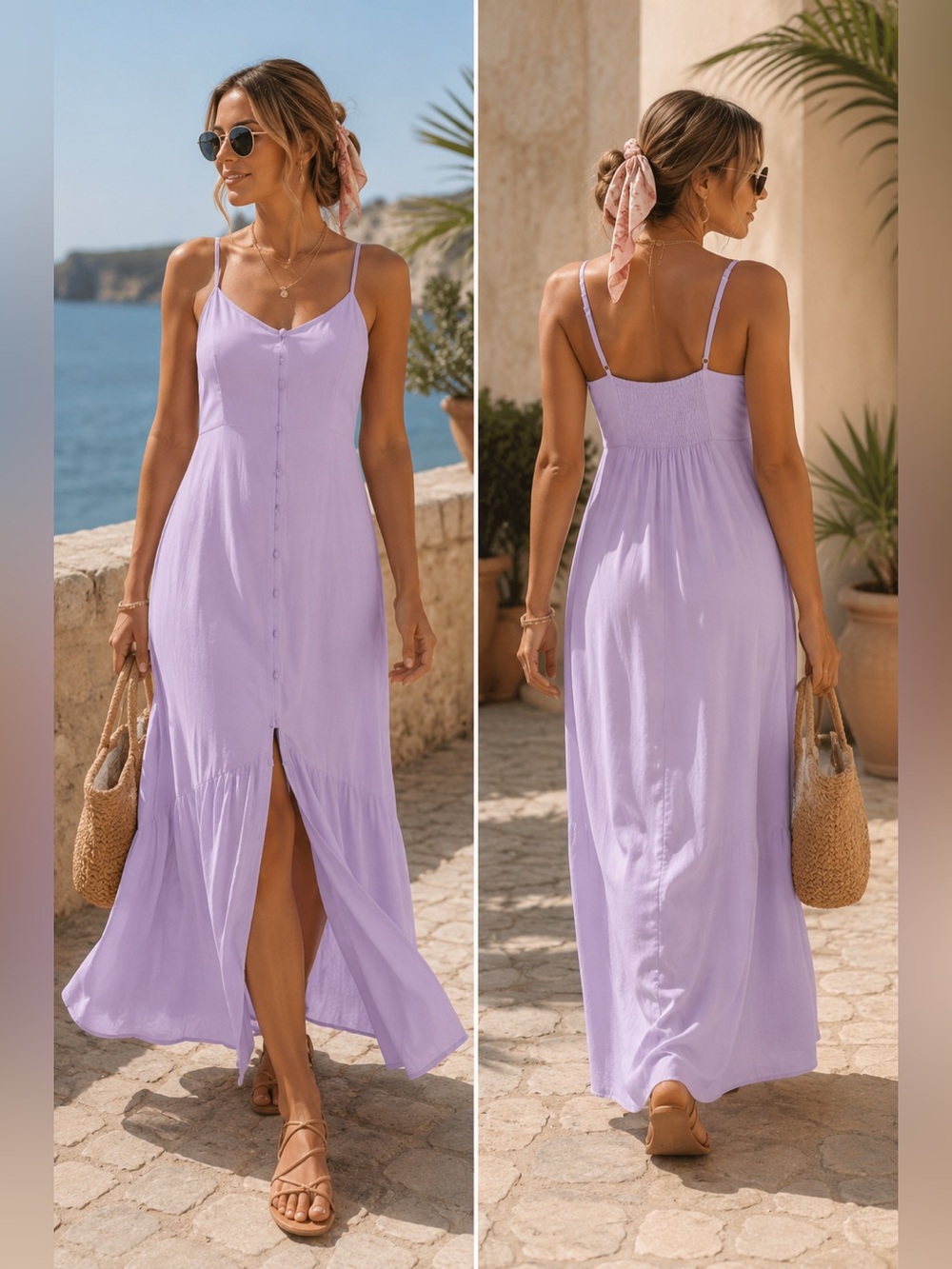 Forever 21 Lavender Lilac Maxi Dress Button Front Smocked 100% Rayon Resort S